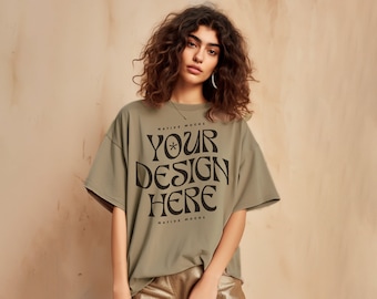 Comfort Colors khaki Tshirt mockup, Fashion t-shirt mock up, Model mock-up, Oversized shirt mock