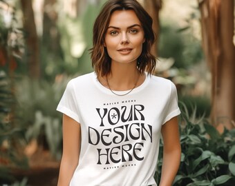 Women's Midweight Cotton Tee  Gildan 5000L White Tshirt mockup, Fashion t-shirt mock up, Plant Lady Jungle, Model mock-up