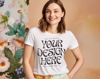 Women's Midweight Cotton Tee Gildan 5000L White Tshirt mockup, Fashion t-shirt mock up, Floral Spring Model mock-up