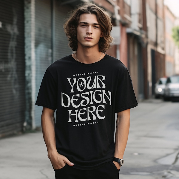 Comfort Colors 1717 Black Tshirt mockup, Model T-Shirt Mockup, Male t-shirt Mockup, City Streetwear Grunge