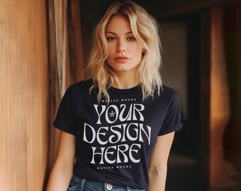 Bella Canvas 3001 Navy Tshirt mockup, Fashion t-shirt mock up, Model mock-up
