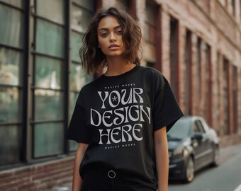 Gildan 5000 Black Tshirt mockup, Fashion t-shirt mock up, Oversize shirt, Model mock-up