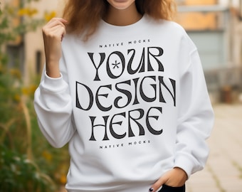 Gildan 18000 White Sweatshirt mockup | Sweatshirt Model Mockup | Gildan Crewneck Mockups | Aesthetic 18000 Mockup