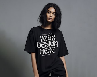 Gildan 5000 Black Tshirt mockup, Fashion t-shirt mock up, Oversize shirt, Model mock-up
