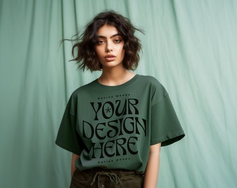 Gildan 5000 Forest Green Tshirt mockup, Fashion t-shirt mock up, Oversize shirt, Model mock-up
