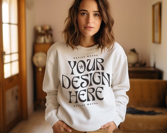 Gildan 18000 White Sweatshirt mockup | Sweatshirt Model Mockup | Gildan Crewneck Mockups | Aesthetic 18000 Mockup