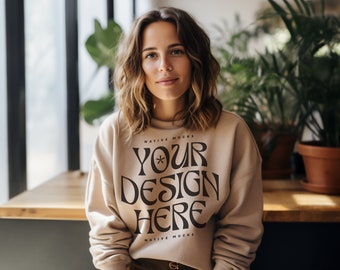 Gildan 18000 Sand Sweatshirt mockup | Sweatshirt Model Mockup | Gildan Crewneck Mockups | Aesthetic 18000 Mockup