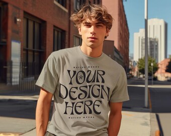 Comfort Colors 1717 Khaki Tshirt mockup, Model T-Shirt Mockup, Male t-shirt Mockup, Nature, Outdoors