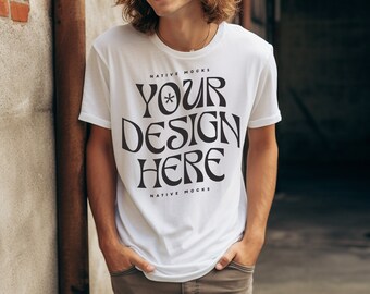 Bella Canvas 3001 Weißes Tshirt Mockup, Modell T-Shirt Mockup, männliches T-Shirt Mockup, Street Grunge