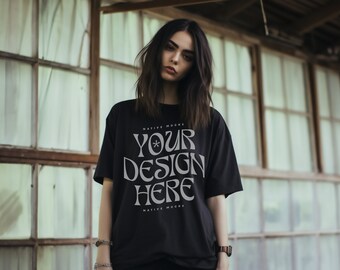 Gildan 5000 Black Tshirt mockup, Fashion t-shirt mock up, Oversize shirt, Model mock-up