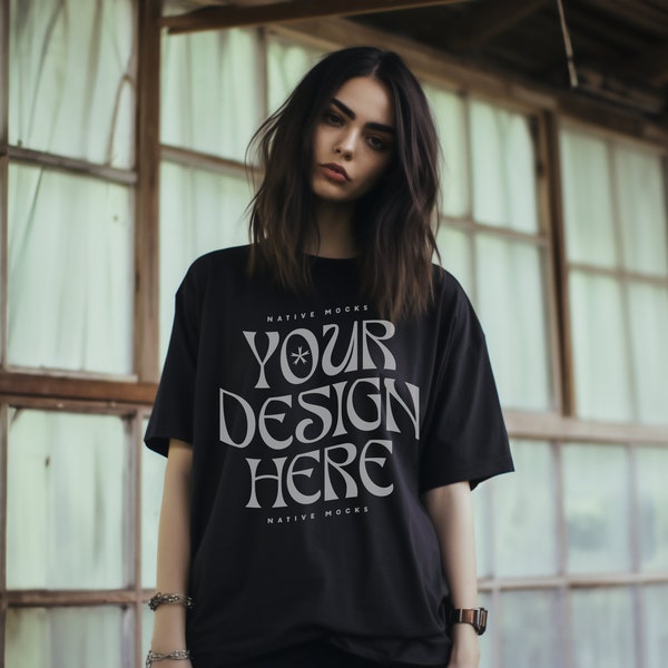 Gildan 5000 Black Tshirt mockup, Fashion t-shirt mock up, Oversize shirt, Model mock-up