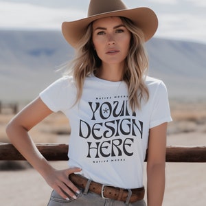 Bella Canvas 3001 White Tshirt mockup, Fashion t-shirt mock up, Western Cowgirl Boho, Model mock-up