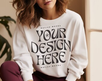 Gildan 18000 White Sweatshirt mockup | Sweatshirt Model Mockup | Gildan Crewneck Mockups | Aesthetic 18000 Mockup