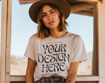 Bella Canvas 3001 Natural Tshirt mockup, Fashion t-shirt mock up, Boho Girl, Model mock-up Bohemian