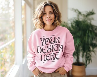 Gildan 18000 Light Pink Sweatshirt mockup | Sweatshirt Model Mockup | Gildan Crewneck Mockups | Aesthetic 18000 Mockup