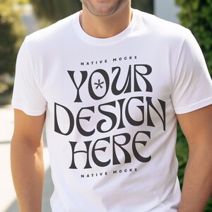 Bella Canvas 3001 White Tshirt mockup, Model T-Shirt Mockup, Male t-shirt Mockup, Outside, Outdoors Street, White Tshirt mock