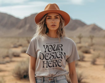 Bella Canvas 3001 Dust Tshirt mockup, Fashion t-shirt mock up, Western Cowgirl Boho, Beige Grey Shirt Model mock-up