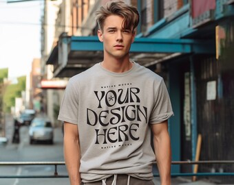 Bella Canvas 3001 Athletic Grey Tshirt mockup, Model T-Shirt Mockup, Male t-shirt Mockup, Street Grunge, Gray Tshirt mockup