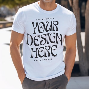 Bella Canvas 3001 White Tshirt mockup, Model T-Shirt Mockup, Male t-shirt Mockup, Outside, City, White Tshirt mock