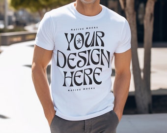 Bella Canvas 3001 White Tshirt mockup, Model T-Shirt Mockup, Male t-shirt Mockup, Outside, City, White Tshirt mock