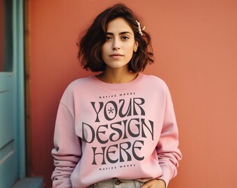 Gildan 18000 Light Pink Sweatshirt mockup | Sweatshirt Model Mockup | Gildan Crewneck Mockups | Aesthetic 18000 Mockup