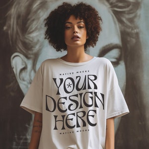 Gildan 5000 White Tshirt mockup, Fashion t-shirt mock up, Oversize shirt, Model mock-up