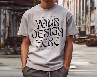 Bella Canvas 3001 Ash Tshirt mockup, Model T-Shirt Mockup, Male t-shirt Mockup, Street Grunge, Grey Tshirt mockup