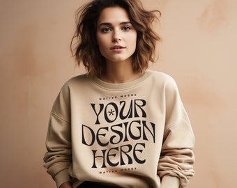 Gildan 18000 Sand Sweatshirt mockup | Sweatshirt Model Mockup | Gildan Crewneck Mockups | Aesthetic 18000 Mockup