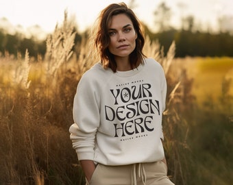 Gildan 18000 White Sweatshirt mockup, Fashion t-shirt mock up, Sweater, Model mock-up