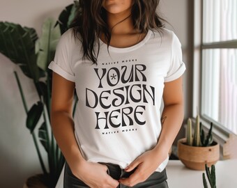 Bella Canvas 3001 White Tshirt mockup, Fashion t-shirt mock up, Modern Home Shoot, Model mock-up