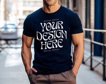 Bella Canvas 3001 Navy Tshirt mockup, Men's T-Shirt Mockup, Male t-shirt Mockup, Outside, Street, City