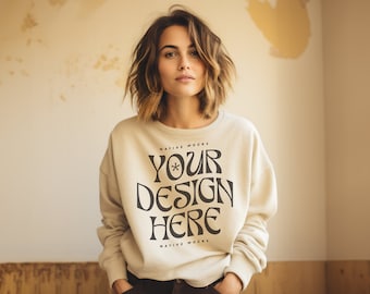 Gildan 18000 Sand Sweatshirt mockup | Sweatshirt Model Mockup | Gildan Crewneck Mockups | Aesthetic 18000 Mockup