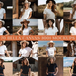 May include: 70 Bella Canvas 3001 Mockups featuring a variety of models wearing white and black t-shirts in different settings. The models are wearing hats and are posed in a variety of ways.