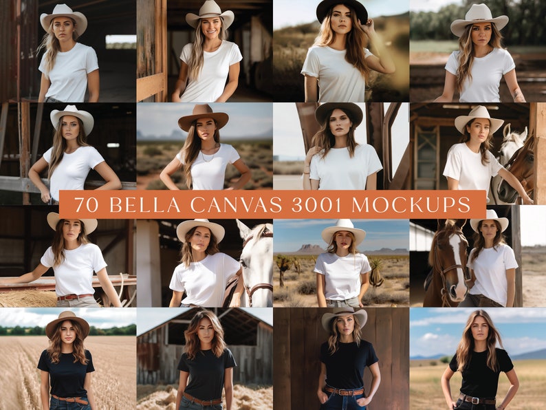 May include: 70 Bella Canvas 3001 Mockups featuring a variety of models wearing white and black t-shirts in different settings. The models are wearing hats and are posed in a variety of ways.