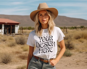 Bella Canvas 3001 White Tshirt mockup, Fashion t-shirt mock up, Western Cowgirl Boho, Model mock-up