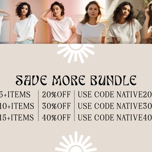 Pu&ograve; includere: Una grafica con uno sfondo beige e disegni di raggi di sole bianchi in alto e in basso. Il testo "SAVE MORE BUNDLE" &egrave; in un carattere nero stilizzato. Il testo sotto elenca gli sconti per l'acquisto di 5 o pi&ugrave; articoli, 10 o pi&ugrave; articoli e 15 o pi&ugrave; articoli. I codici sconto sono elencati accanto a ogni sconto.