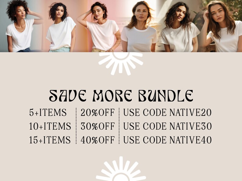 Pu&ograve; includere: Una grafica con uno sfondo beige e disegni di raggi di sole bianchi in alto e in basso. Il testo "SAVE MORE BUNDLE" &egrave; in un carattere nero stilizzato. Il testo sotto elenca gli sconti per l'acquisto di 5 o pi&ugrave; articoli, 10 o pi&ugrave; articoli e 15 o pi&ugrave; articoli. I codici sconto sono elencati accanto a ogni sconto.