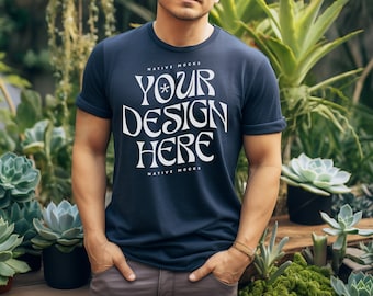 Bella Canvas 3001 Navy Tshirt mockup, Men's T-Shirt Mockup, Male t-shirt Mockup, Outside, Nature, Garden Plants and Succulents