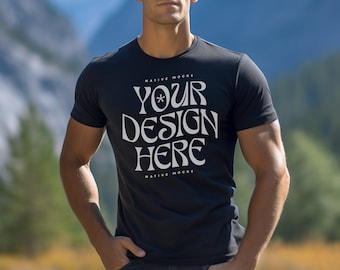 Bella Canvas 3001 Navy Tshirt mockup, Men's T-Shirt Mockup, Male t-shirt Mockup, Outside, Nature, Mountain