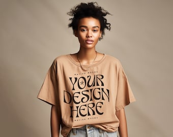 Gildan 5000 Old Gold Tshirt mockup, Fashion t-shirt mock up, Studio Shoot, Model mock-up