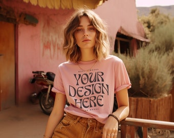 Bella Canvas 3001 Soft Pink Tshirt mockup, Fashion t-shirt mock up, Boho Girl, Model mock-up Bohemian