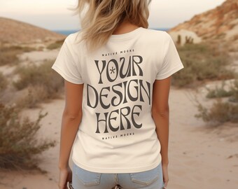 Bella Canvas 3001 Natural Back View Tshirt mockup, Fashion t-shirt mock up, Boho Girl, Model mock-up Bohemian