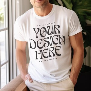 Bella Canvas 3001 White Tshirt mockup, Model T-Shirt Mockup, Male t-shirt Mockup, Indoor Modern Home, White Tshirt mock