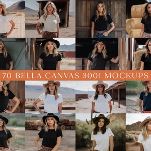 May include: A collection of 70 Bella Canvas 3001 mockups featuring a variety of models wearing different colored t-shirts in various outdoor settings.