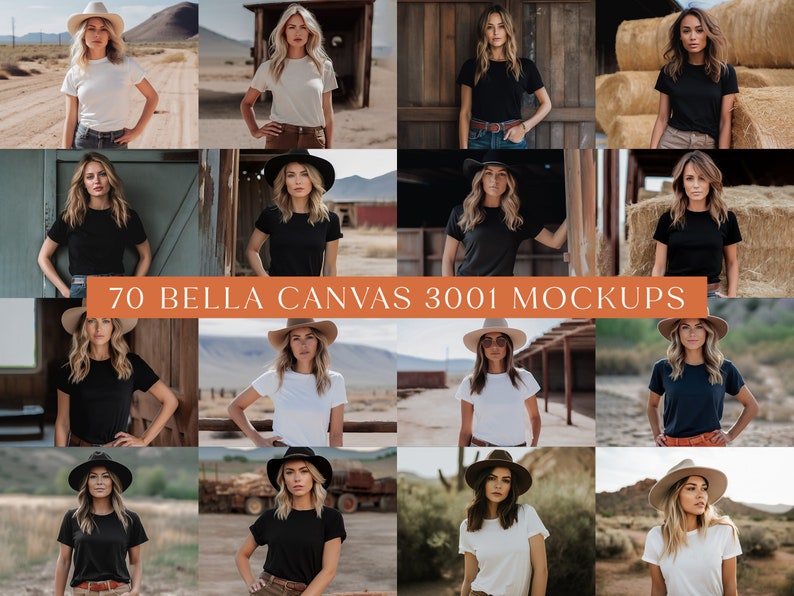May include: A collection of 70 Bella Canvas 3001 mockups featuring a variety of models wearing different colored t-shirts in various outdoor settings.