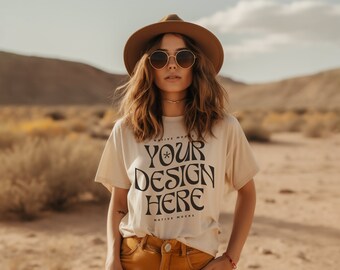 Bella Canvas 3001 Natural Tshirt mockup, Fashion t-shirt mock up, Boho Girl, Model mock-up Bohemian