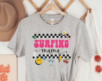 Retro Surfing Mama Tee || surf shirt, surfing gift for her, checkered mama shirt, retro, oversized fit long, white cream gray grey, surf