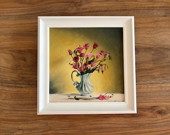 Rosas rosadas Obra de arte original Pintura al óleo sobre lienzo, Pintura al óleo floral hecha a mano en jarrón de porcelana, Arte de pared de flores, Regalo único