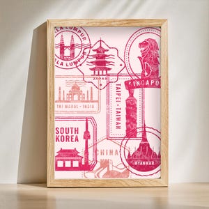 Asia Passport Stamp Pink Printable Art | Travel Aesthetic Japan Korea Taiwan Singapore China India Myanmar | Digital Download