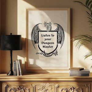 Listen to Your Dungeon Master Poster | DND Dragon Aesthetic Wall Art Game Room | Digital Download